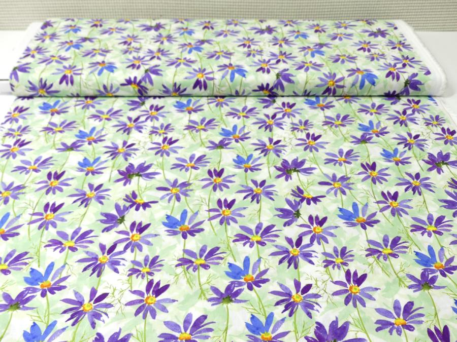 Preview: Patchworkstoff Clothworks aus der Serie Flowershop lila Blumen auf hellgrün
